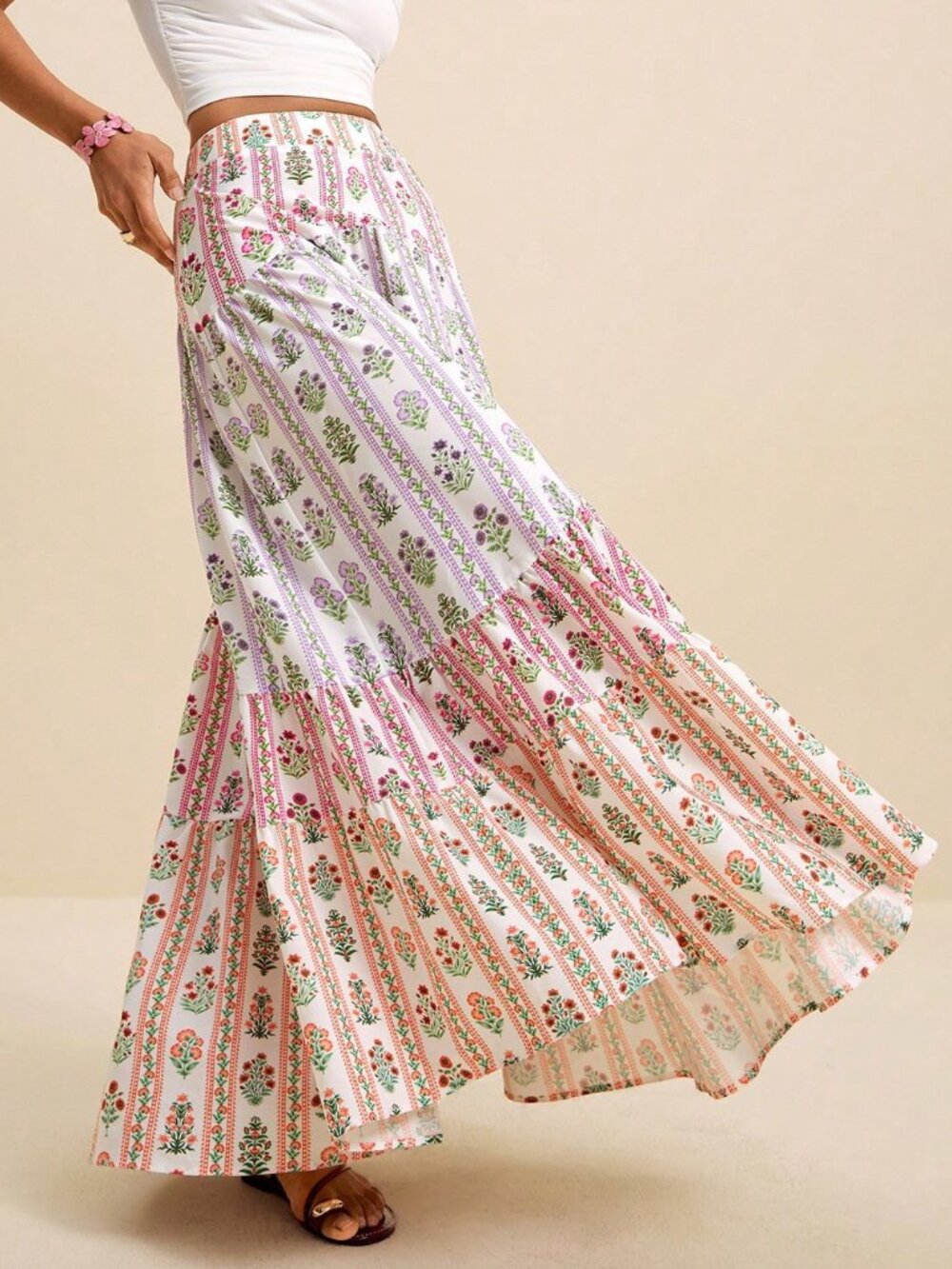 Multicolor Boho Women's Pleated High Waisted A Line Slit Maxi Skirt - Picture 6 of 9